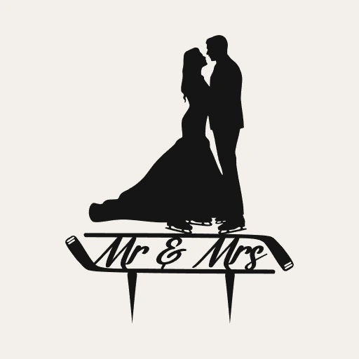 Front view of the completed Mr and Mrs ice hockey wedding topper design