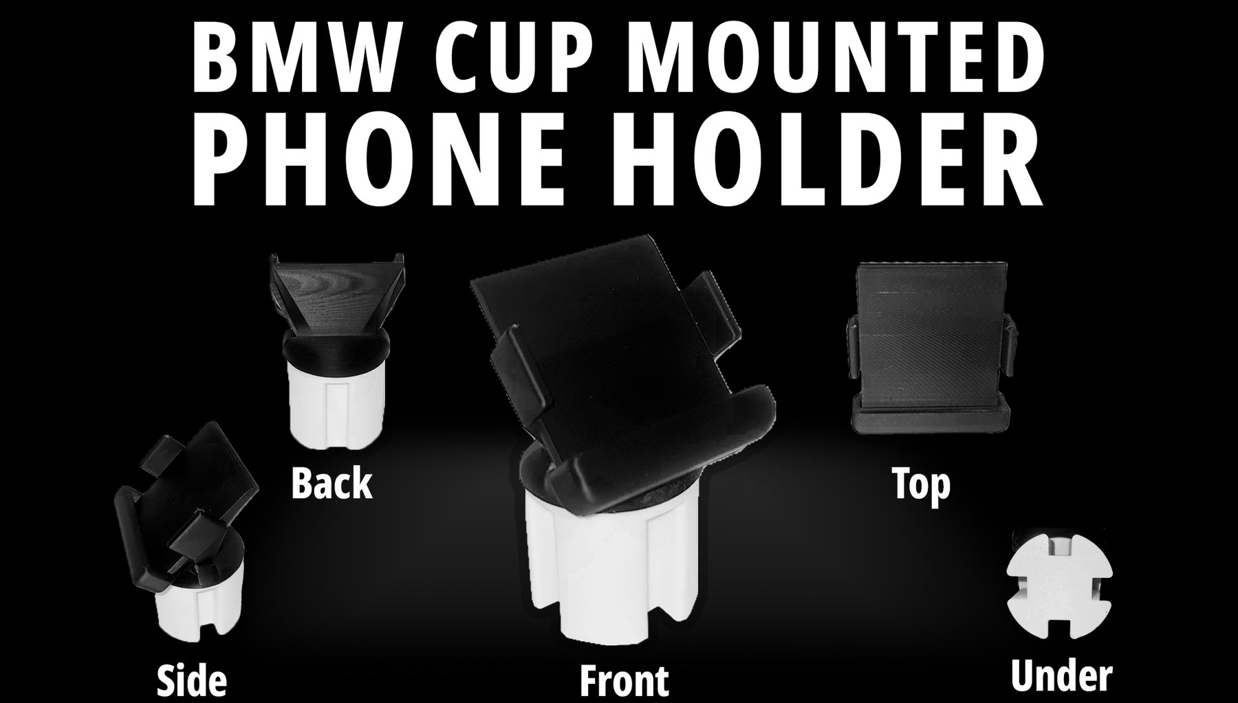 Rendered views of a custom BMW cup-mounted phone holder