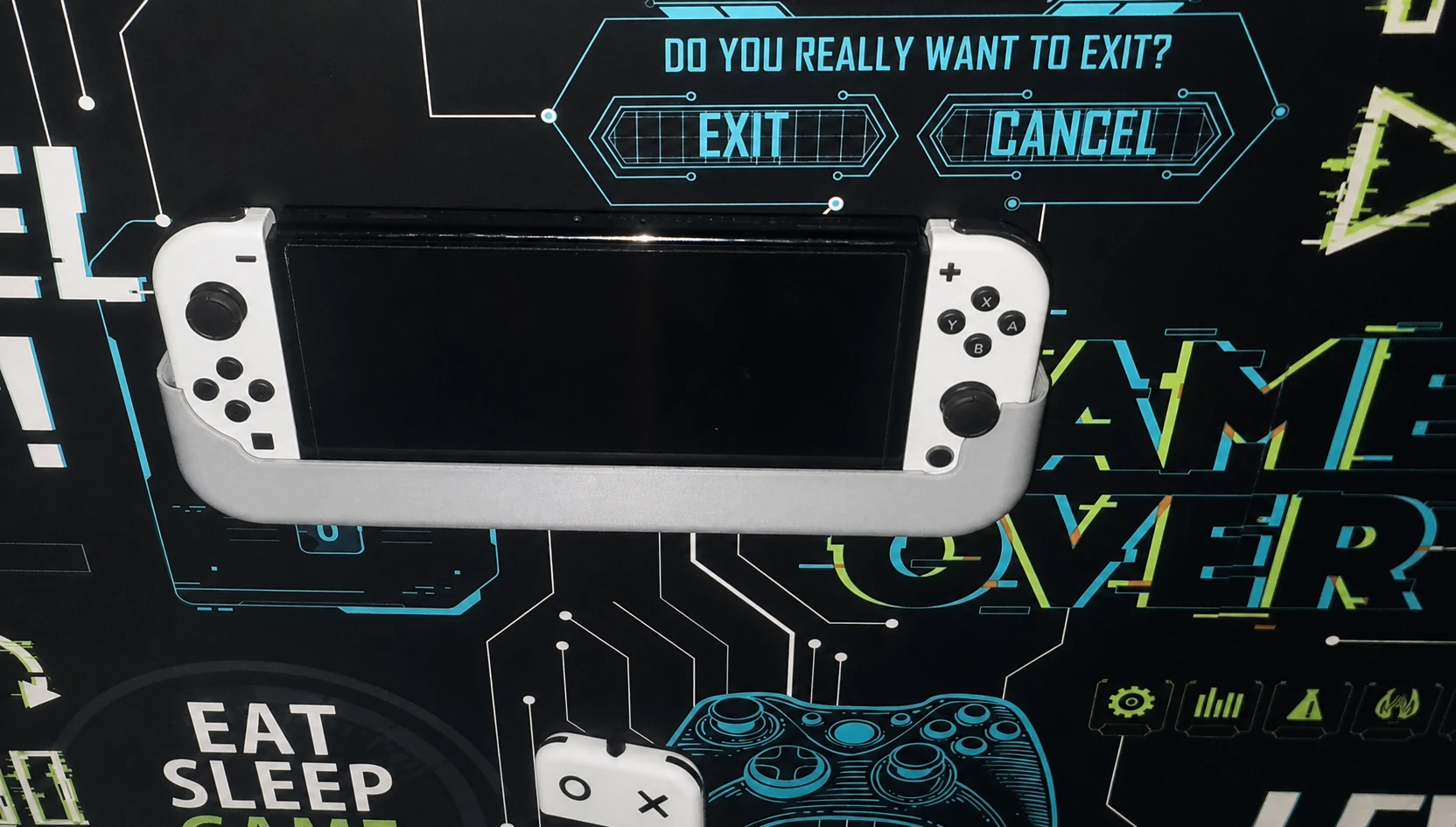 Nintendo Switch secured in a custom 3D-printed wall dock